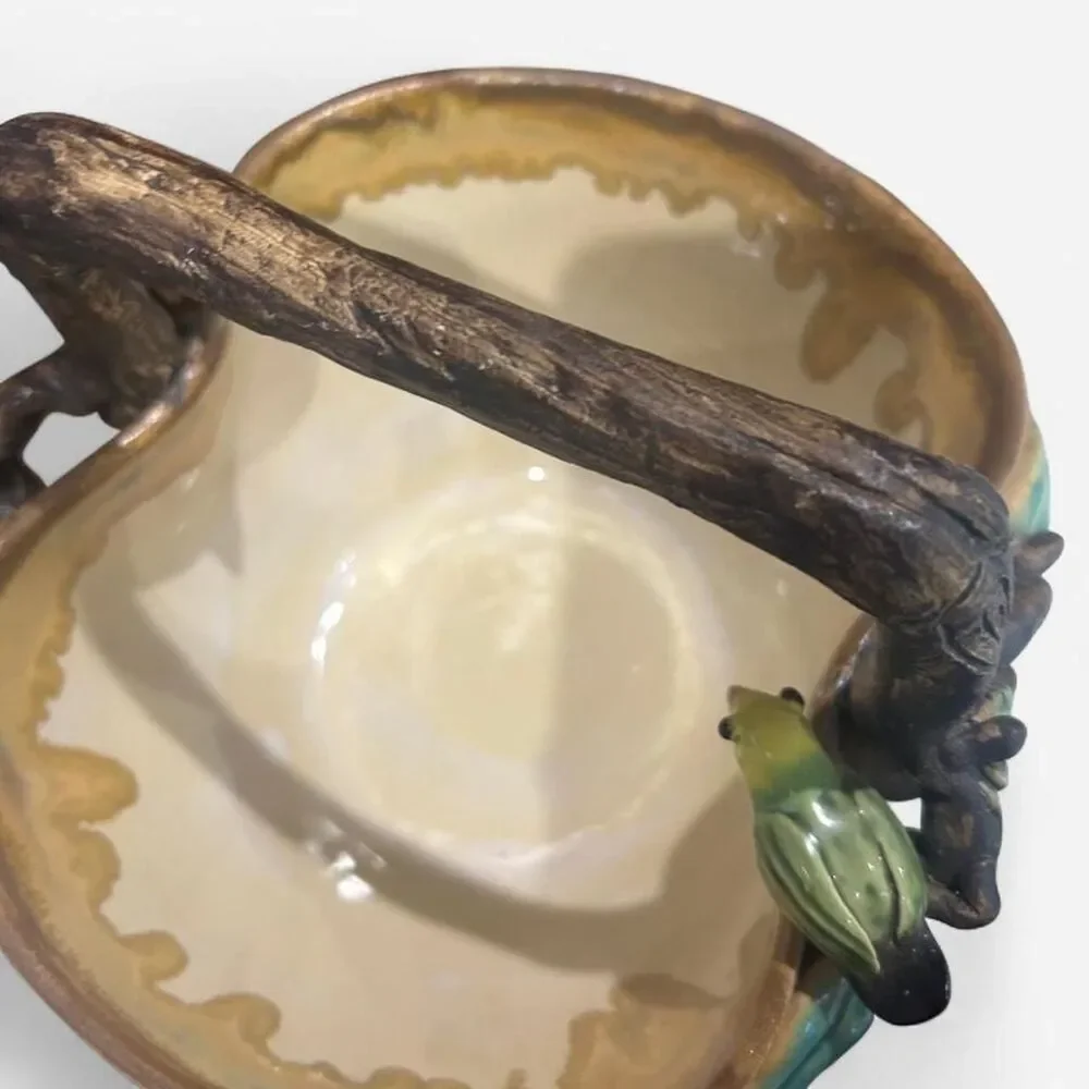 Vintage Sculpted Ceramic Fruit Basket with Bird Accents